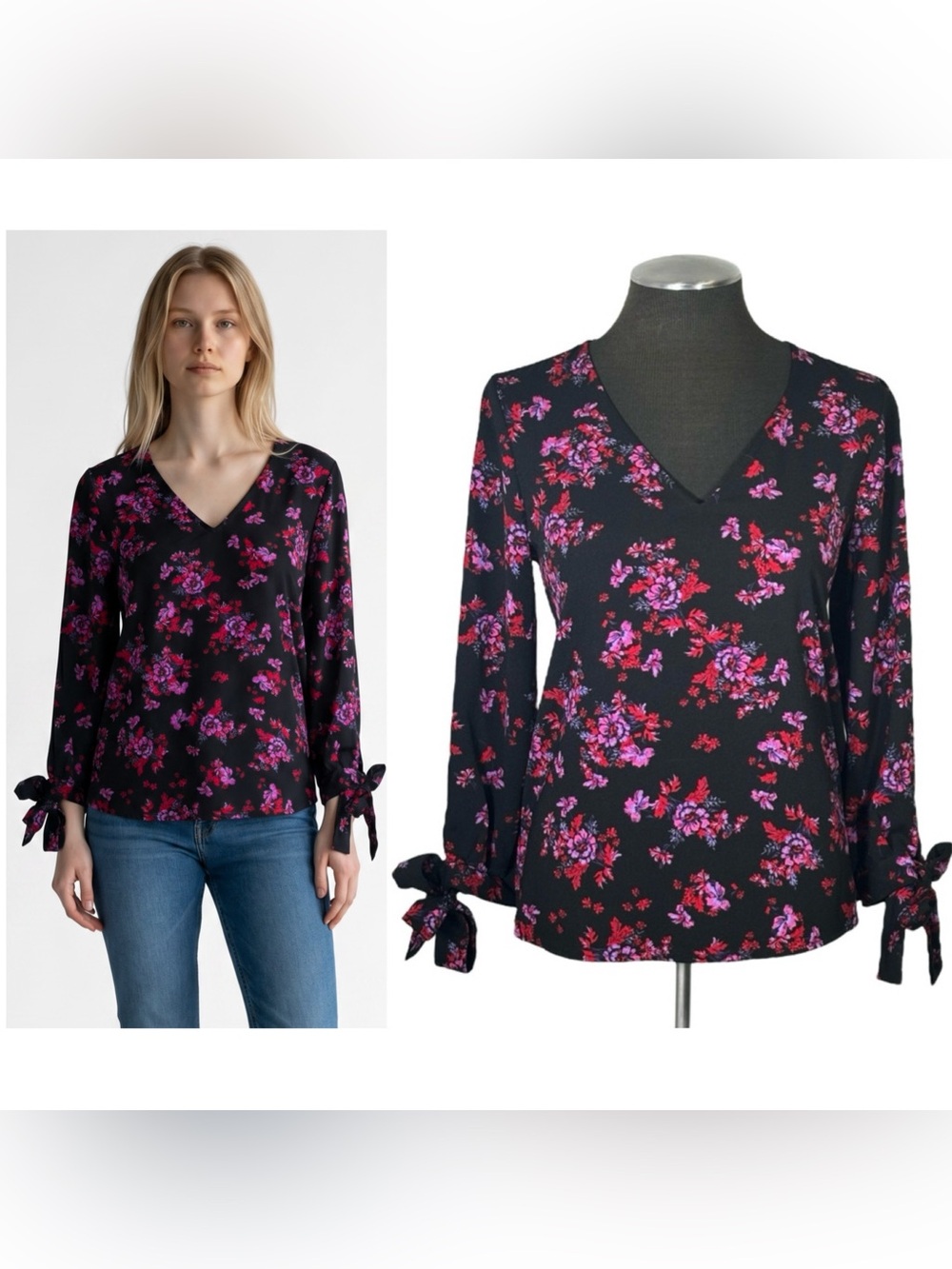 🆕 Cece – Floral V-Neck Tie Sleeve Pullover Blouse – Macy’s - Extra Small XS